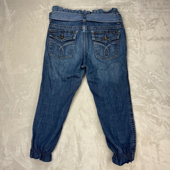 Calvin Klein Jeans Paper Bag Waist Tie Ankle Jogger Cuff Blue Denim Pants Size 8 - Picture 2 of 10